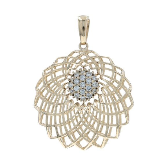 Yellow Gold Diamond Lotus Pendant 14k Round Brilliant .13ctw Floral Burst - Picture 1 of 4